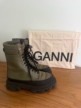 Ganni green lace moto combat boots 38 7.5